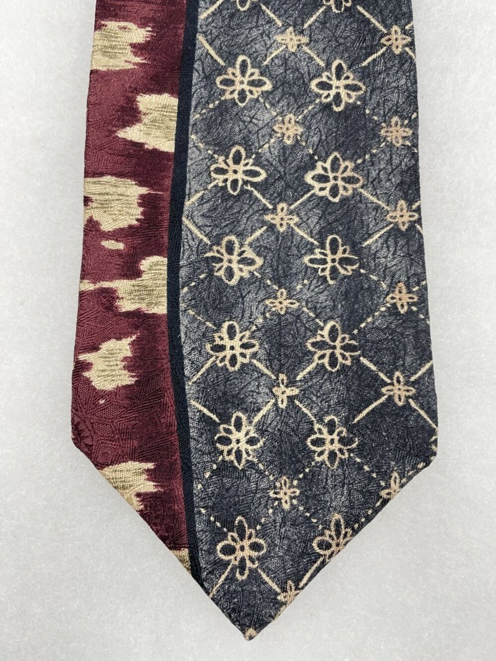 Bellagio Silk Tie Burgundy Grey Floral Lattice Abstract Split Pattern USA Made
